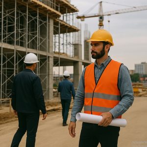 مهندس در حال بررسی نقشه‌های ساختمانی – بیمه مسئولیت حرفه‌ای مهندسین